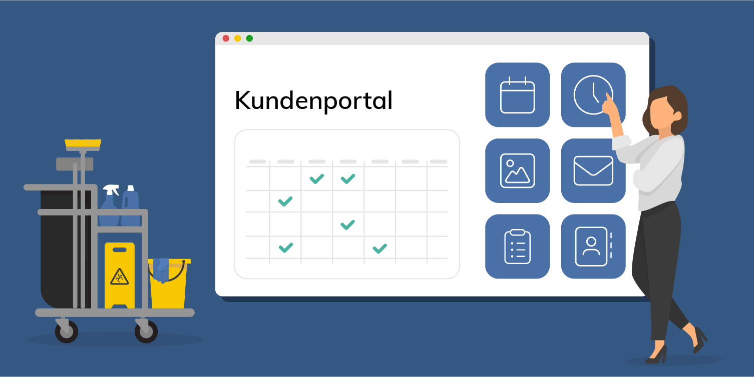 Illustration eines digitalen Kundenportals für Reinigungsunternehmen mit Terminübersicht, Dokumenten, Berichten und strukturierter Kommunikation.