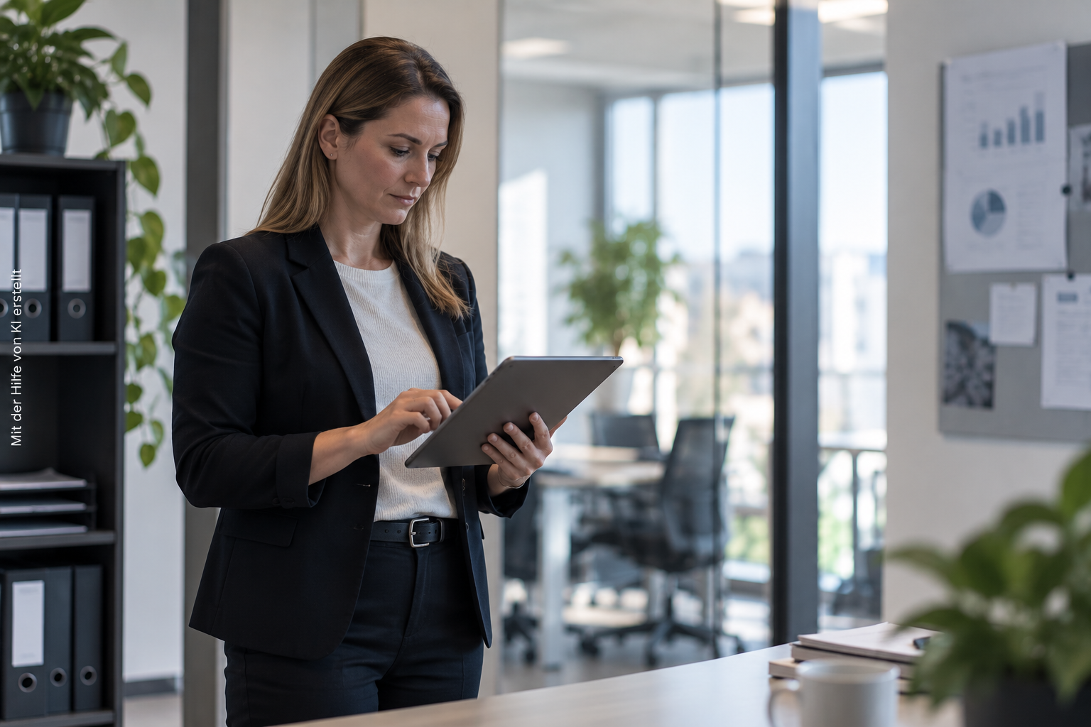 Frau hält und tippt an einem Tablet in einem Büro