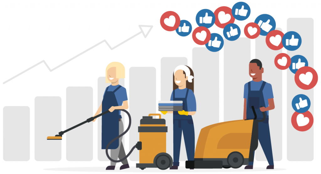 Illustration von Reinigungskräften mit Staubsauger und Reinigungsmaschine vor Diagramm