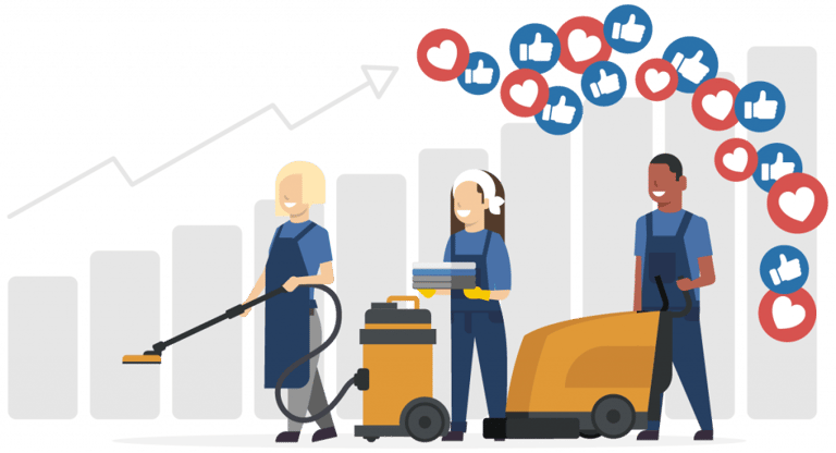 Wachstumsdiagramm mit Reinigungskräften im Vordergrund, das den Erfolg eines Reinigungsunternehmens zeigt, das sich von der Konkurrenz abhebt.