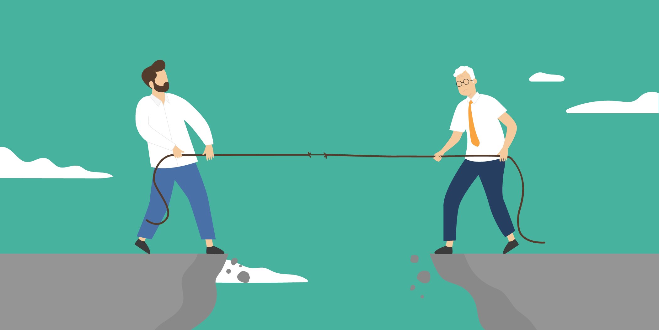 Vater und Sohn im Tauziehen über einer Schlucht.