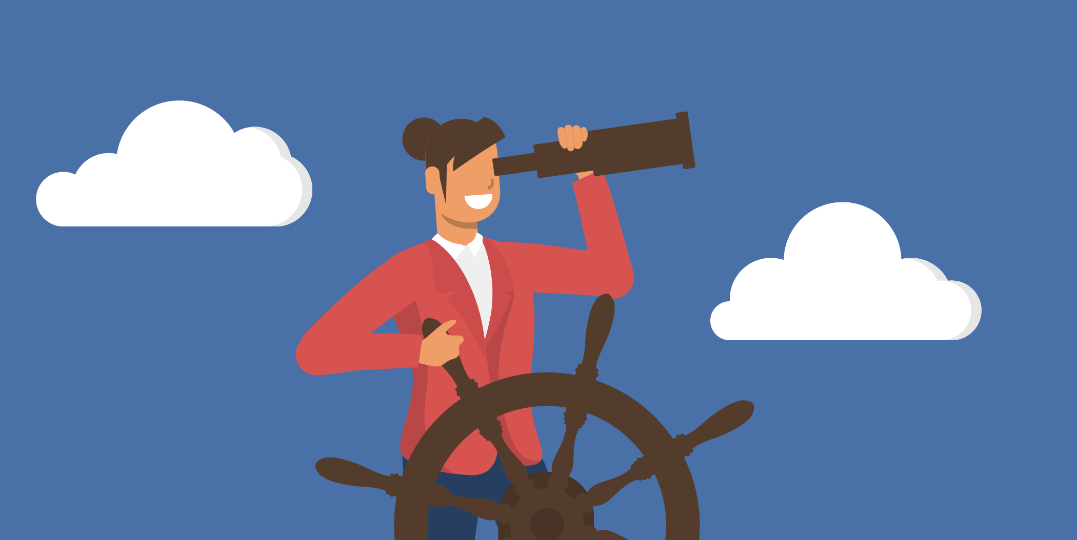 Person am Steuerrad blickt mit Fernrohr auf ein Ziel