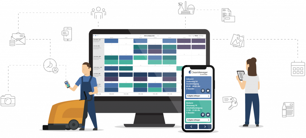 Reinigungspersonal nutzt Software auf PC und Smartphone zur Einsatzplanung