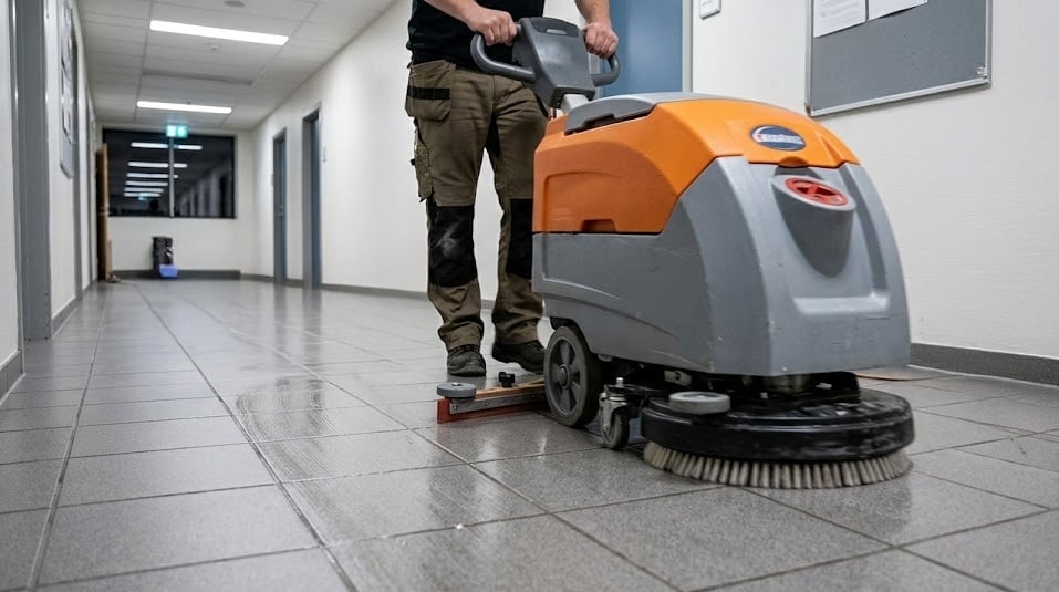Eine Person reinigt einen Flur mit einer Scheuersaugmaschine. Der Boden wird gründlich gesäubert, während im Hintergrund ein langer, heller Gang mit Türen und Beleuchtung zu sehen ist.