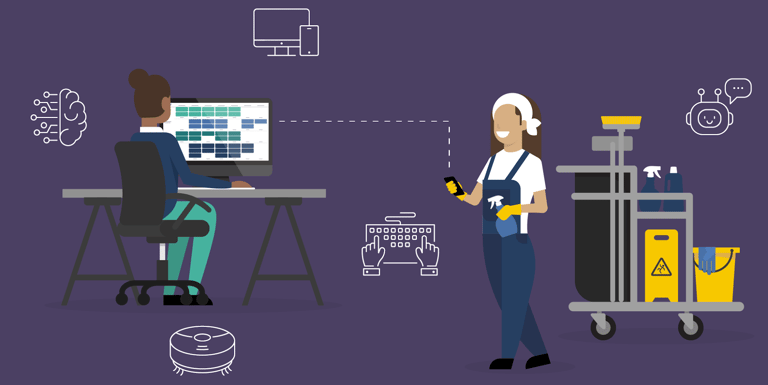 Illustration af en planlægger, der koordinerer med en rengøringsassistent via mobil, med ikoner for AI, robotstøvsuger og digital vagtplanlægning.