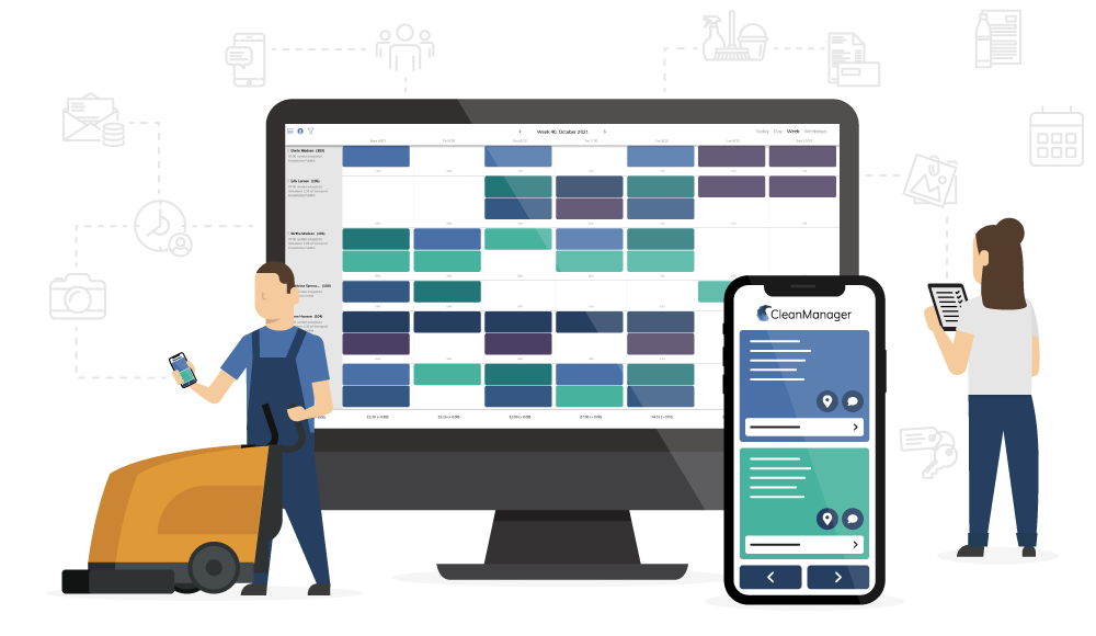 Reinigungspersonal und Manager verwenden digitale Geräte und die CleanManager-Software

